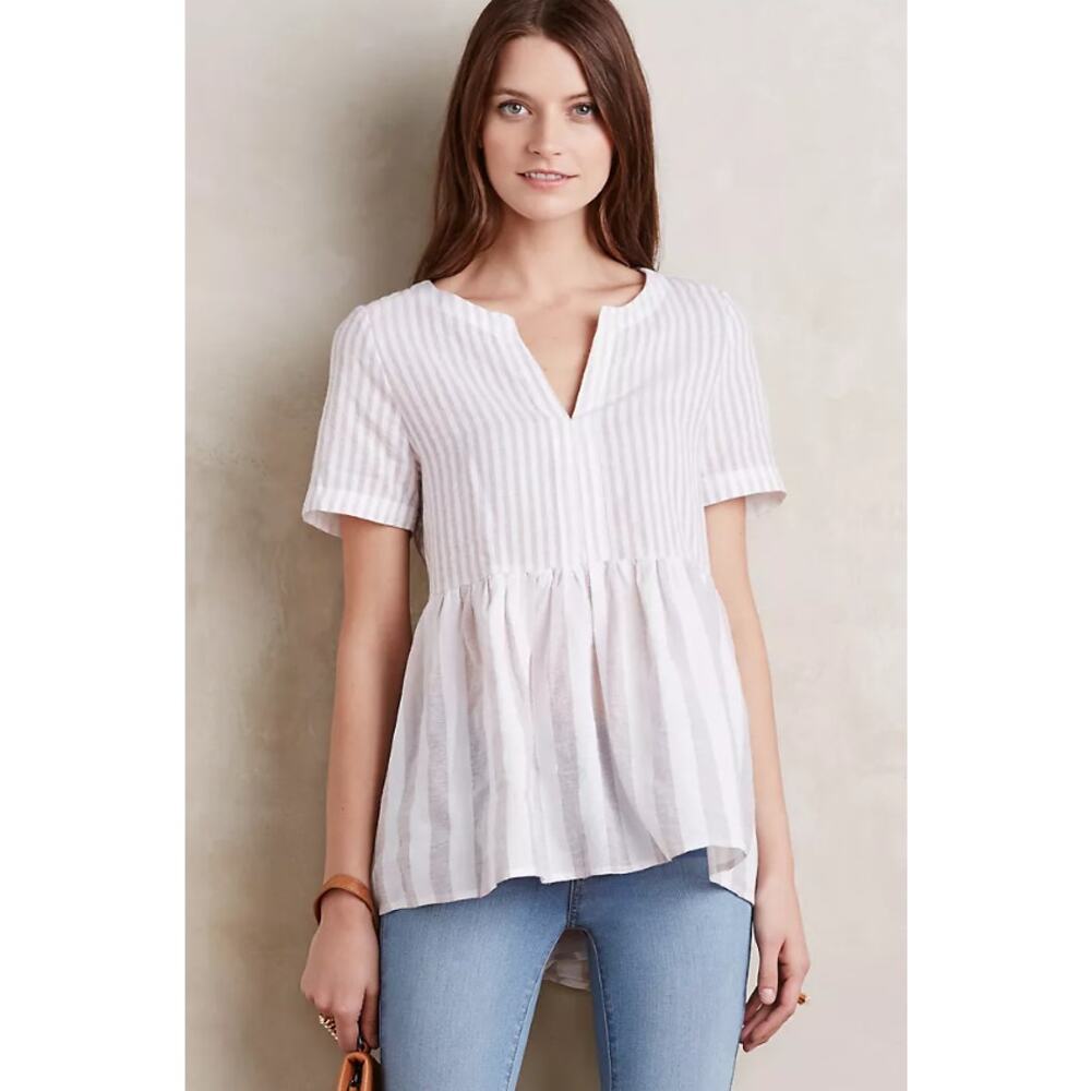 Anthropologie 11.1‎ Tylho Women’s Vintage Stripe Peplum Top Size M Beige White